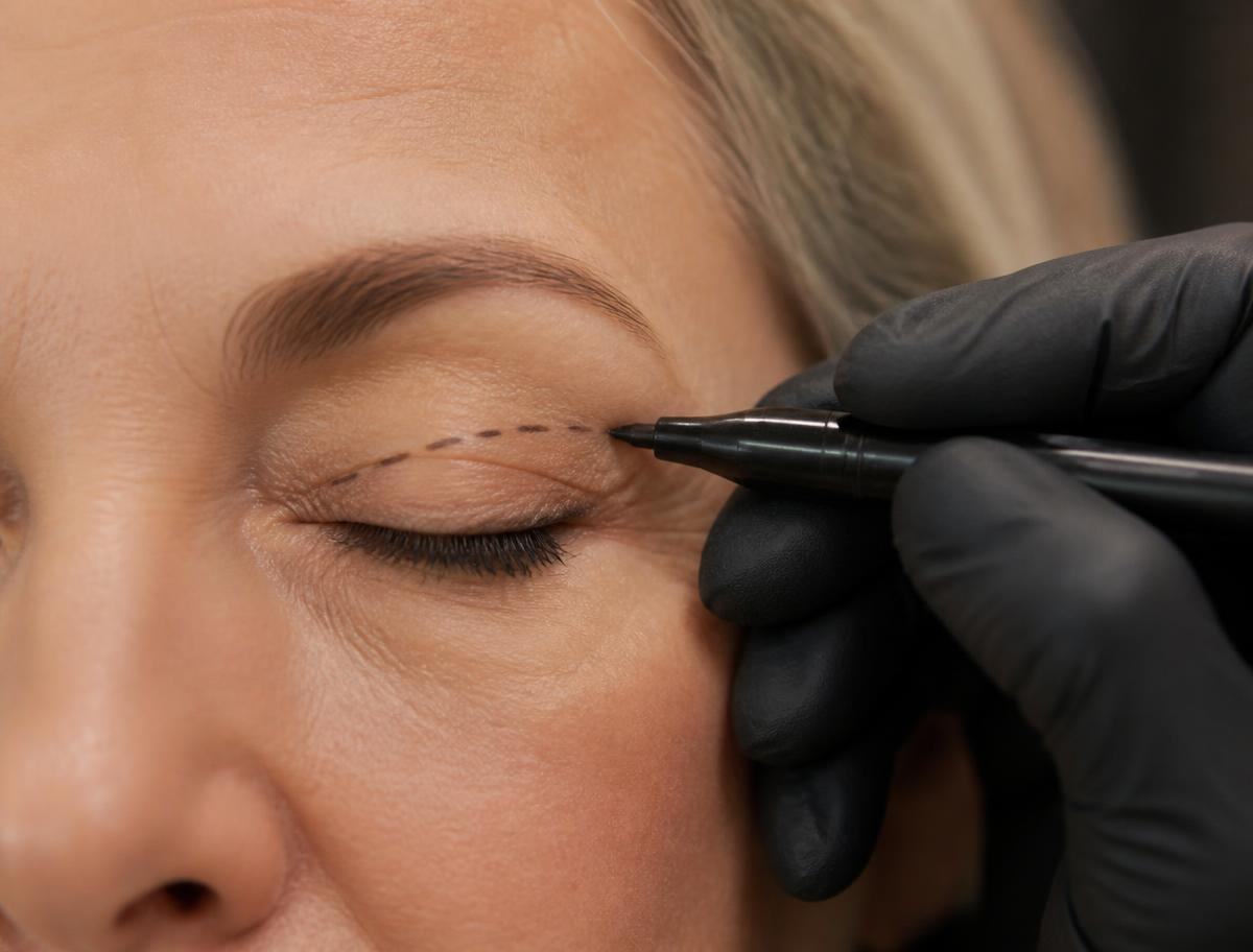 Marcação na linha natural da pálpebra superior antes da blefaroplastia
