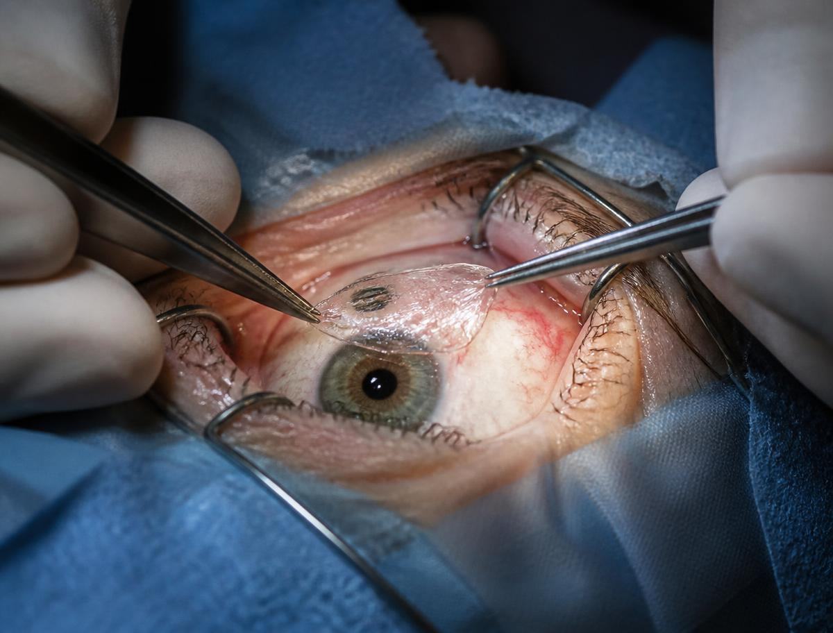 Membrana amniótica sendo posicionada sobre a superfície do olho durante cirurgia de pterígio